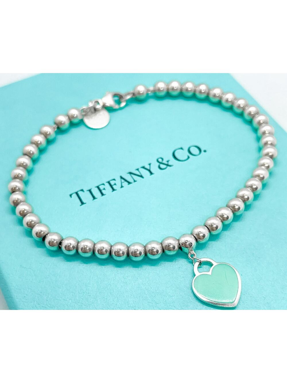 Tiffany & Co. Return to Tiffany Blue Enamel Mini Heart Bead Bracelet 6.5” w/ Box